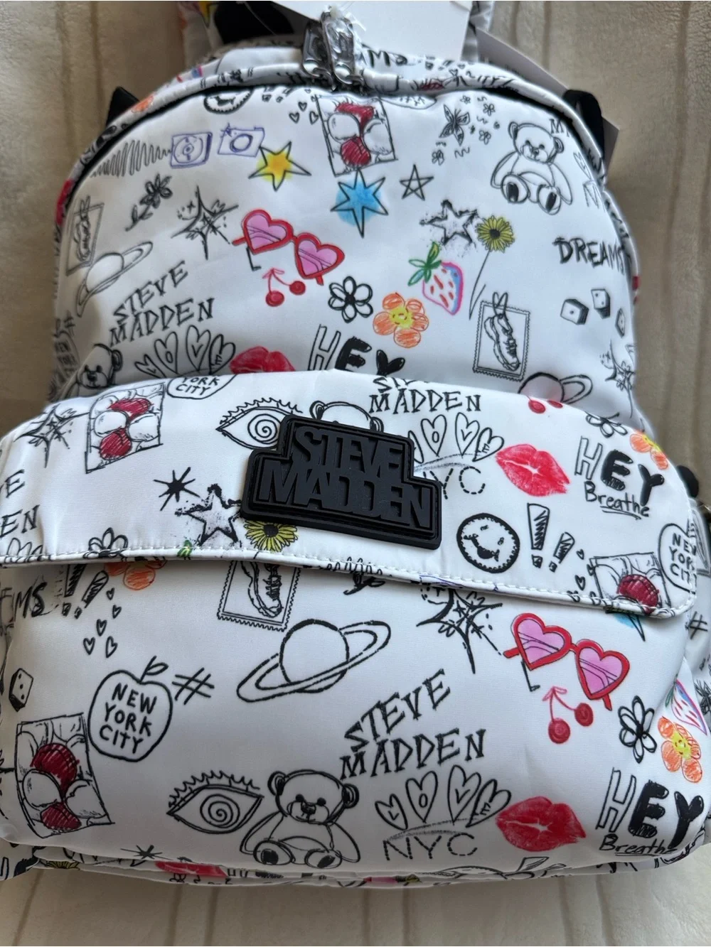 Steve Madden White Graphic Backpack with Panda Charm & Notebook